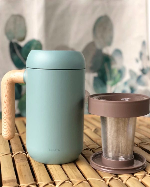 PHOLITA Cups, Wood Handle Tea Cups, Chinese Ceramic Tea Cup, with Infuser and Lid, Matte Green For Cheap